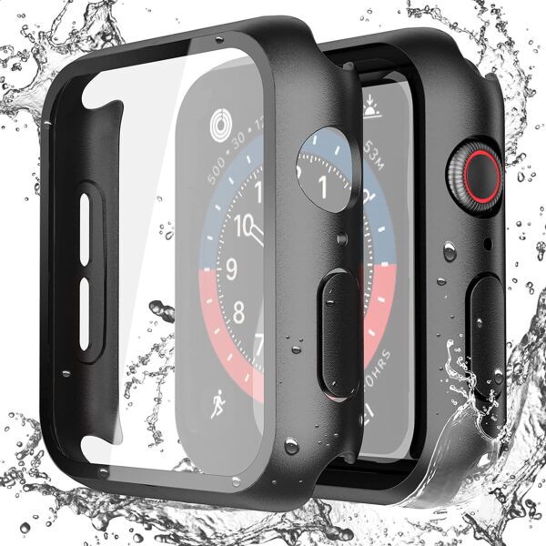 Misxi 2 Pack Waterproof Black Hard Case with Tempered Glass Compatible with Apple Watch Series 6 SE Series 5 Series 4 44mm, Ultra-Thin Durable Protective Cover for iWatch Screen Protector