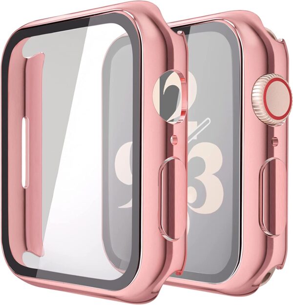 Misxi 2 Pack Hard PC Case with Tempered Glass Screen Protector Compatible with Apple Watch Series 7 45mm, Ultra-Thin Overall Protective Cover for iWatch S7, 1 Rose Pink + 1 Transparent