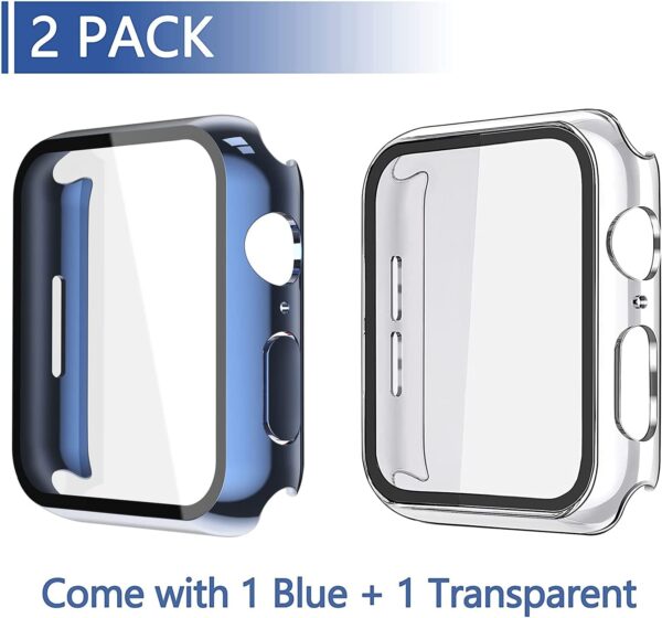 Misxi 2 Pack Hard PC Case with Tempered Glass Screen Protector Compatible with Apple Watch Series 7 45mm, Ultra-Thin Overall Protective Cover for iWatch S7, 1 Blue + 1 Transparent - Image 2