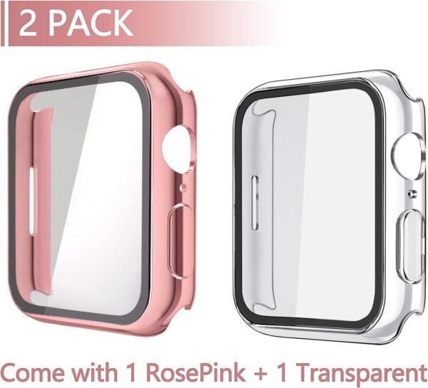 Misxi 2 Pack Hard PC Case with Tempered Glass Screen Protector Compatible with Apple Watch Series 7 45mm, Ultra-Thin Overall Protective Cover for iWatch S7, 1 Rose Pink + 1 Transparent - Image 2