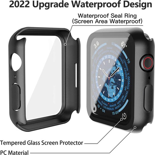 Misxi 2 Pack Waterproof Black Hard Case with Tempered Glass Compatible with Apple Watch Series 7 41mm, Ultra-Thin Durable Protective Cover for iWatch Screen Protector - Image 4