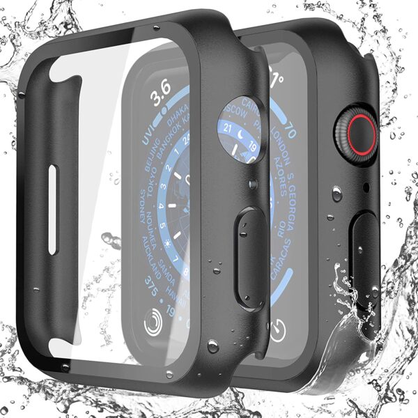 Misxi 2 Pack Waterproof Black Hard Case with Tempered Glass Compatible with Apple Watch Series 7 41mm, Ultra-Thin Durable Protective Cover for iWatch Screen Protector