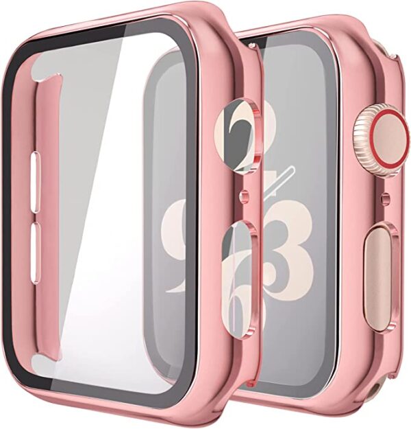 Misxi 2 Pack Hard PC Case with Tempered Glass Screen Protector Compatible with Apple Watch Series 6 SE Series 5 Series 4, 1 Rose Pink + 1 Transparent, 40mm